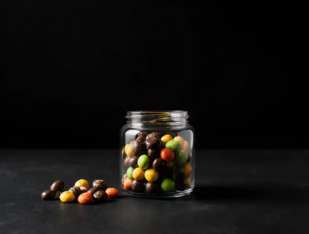 Jar of colorful chocolate candies symbolizing food cravings.