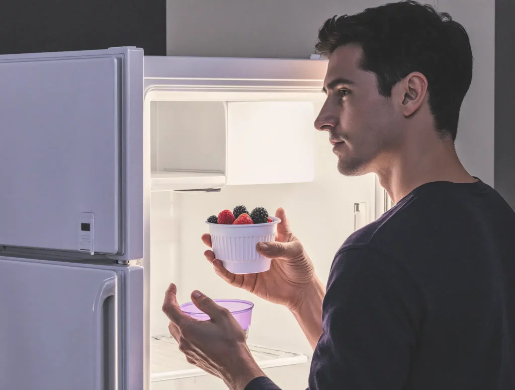 A man standing in front of an open refrigerator at night, holding a bowl of fresh berries.