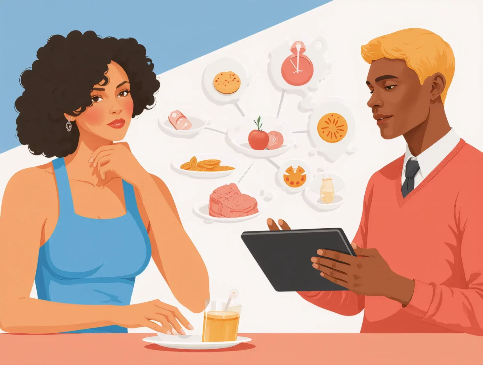 Illustration of a nutritionist consulting a woman about metabolism and diet using a tablet.