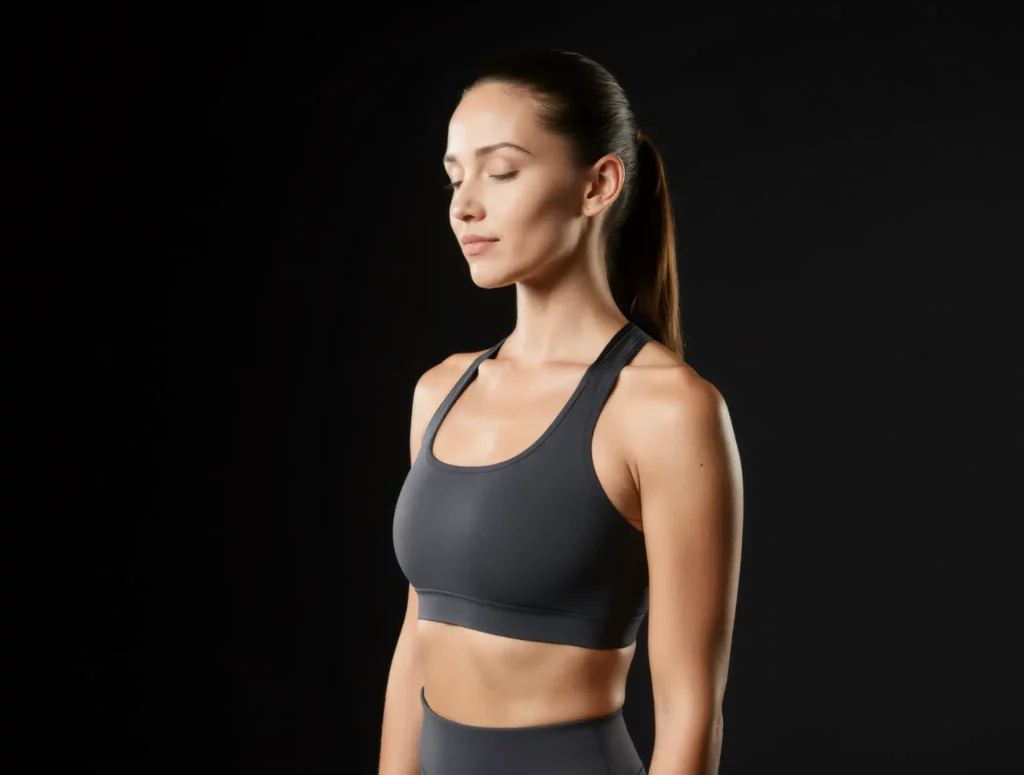 Fit woman in sportswear practicing mindfulness and breathing exercises.
