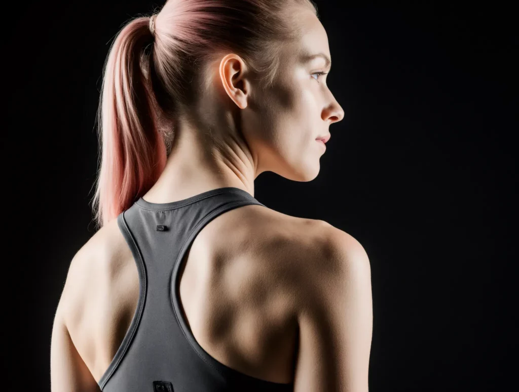 Fit woman with toned shoulders looking focused and strong from behind.