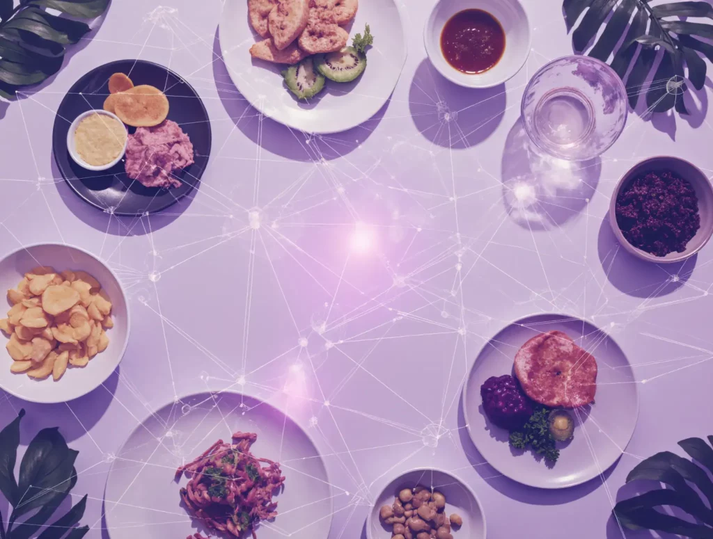 Assorted healthy dishes connected by digital lines representing an AI-powered customized meal plan