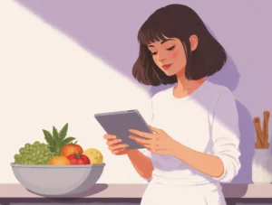 Woman reviewing a meal plan on a tablet in a bright kitchen with a bowl of fresh fruit.