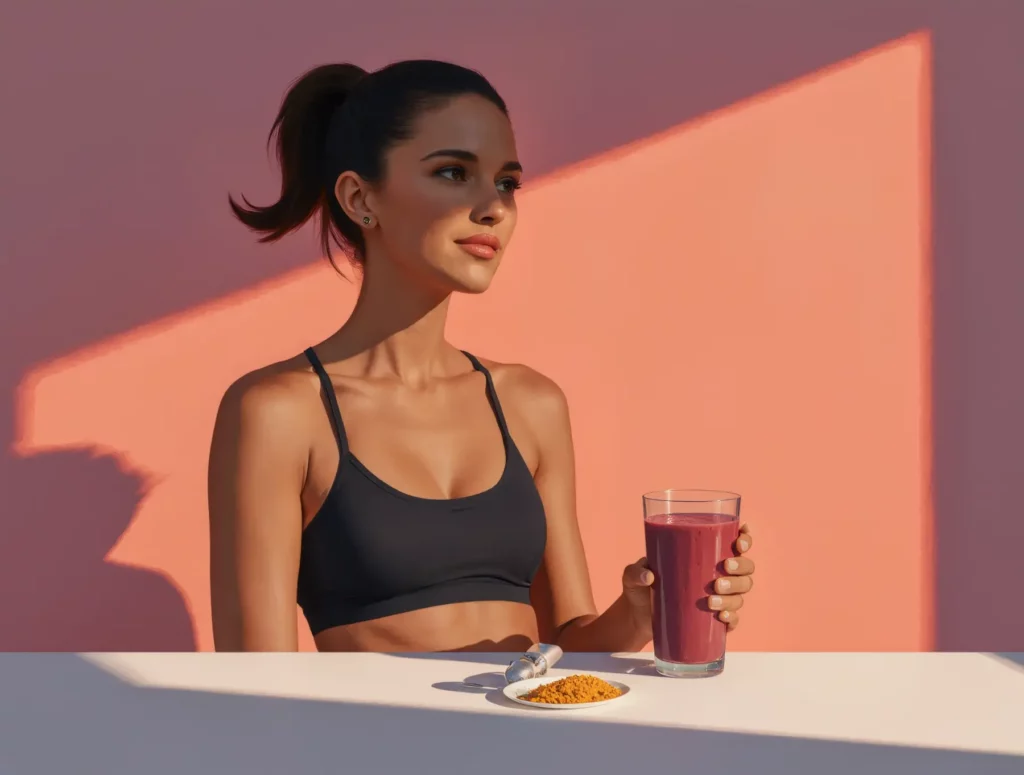Fit woman in athletic wear holding healthy smoothie with turmeric supplement on table