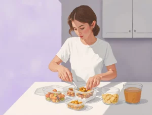 Woman preparing healthy meals in glass containers for weekly meal prep