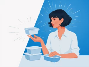 Woman comparing food containers, symbolizing the difference between tracking macros and tracking calories.