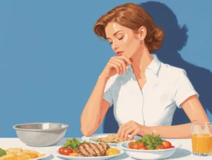 Woman analyzing different plates of food to understand healthy portion sizes for weight loss.