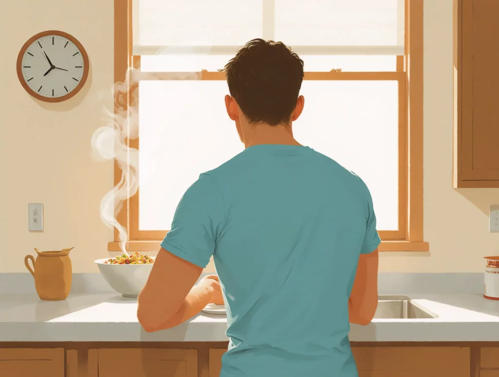 Man cooking a steaming bowl of food in a cozy kitchen with sunlight through the window.