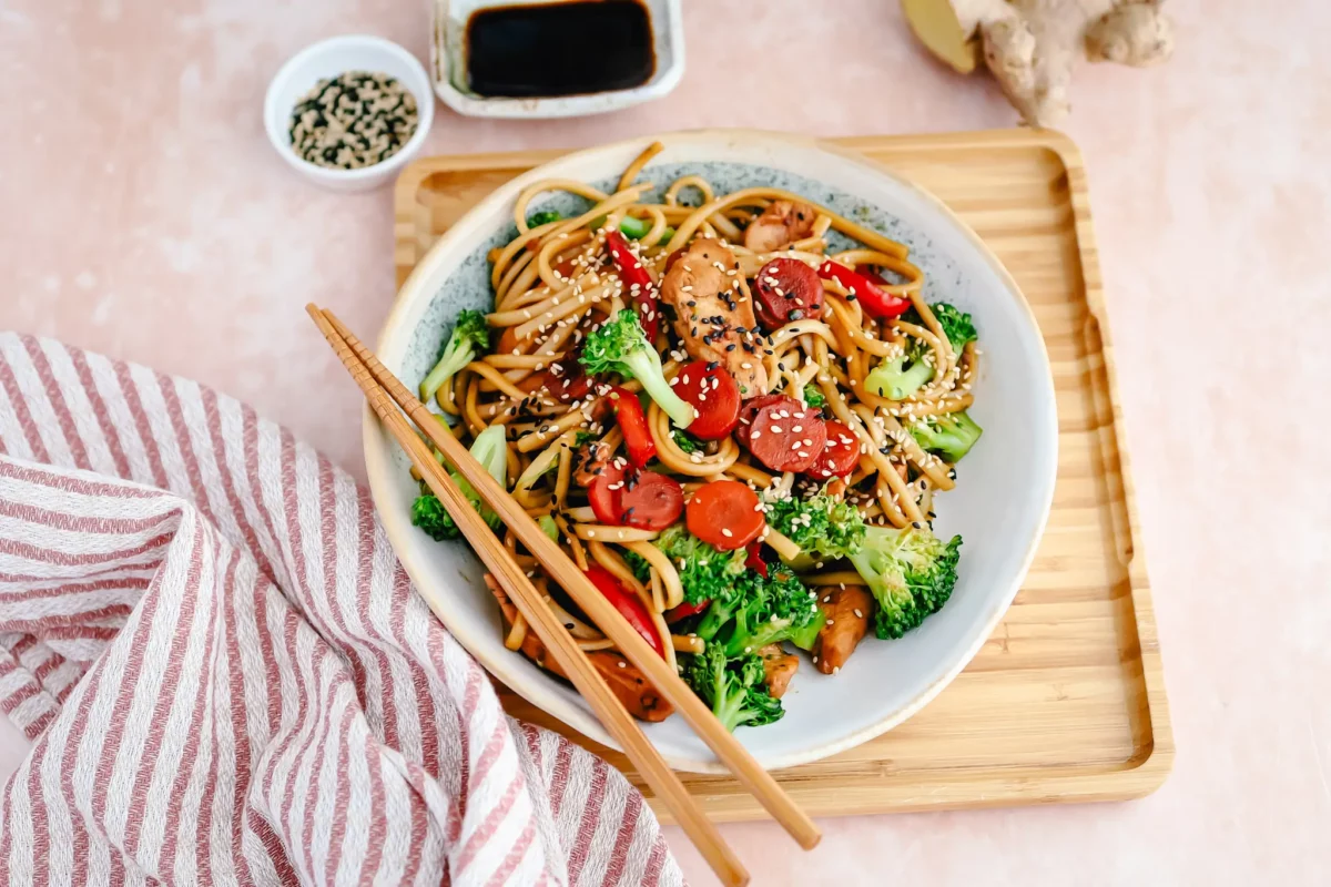Healthy teriyaki chicken noodle bowl