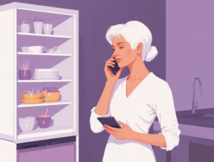 Woman multitasking on two phones in a purple kitchen, illustrating the challenge of eating healthy with ADHD.