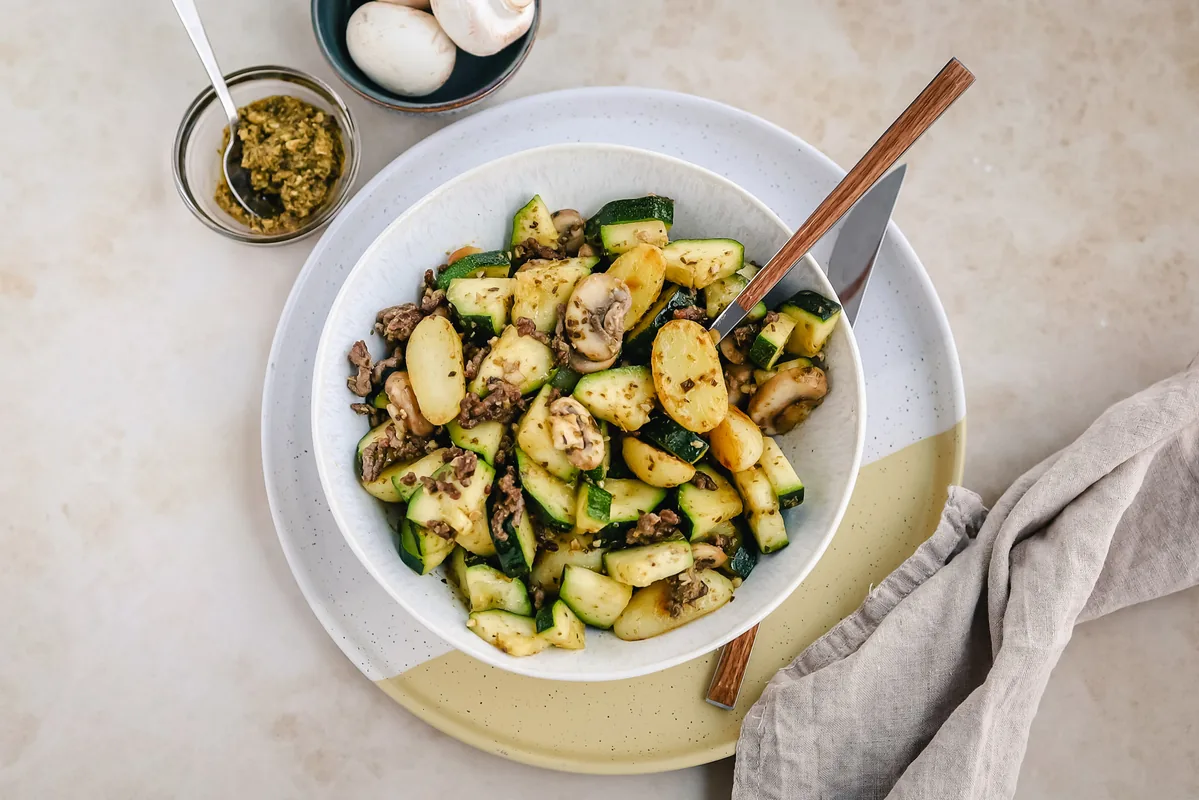 Baby Potatoes Stir-Fry with Zucchini, Ground Beef & Pesto
