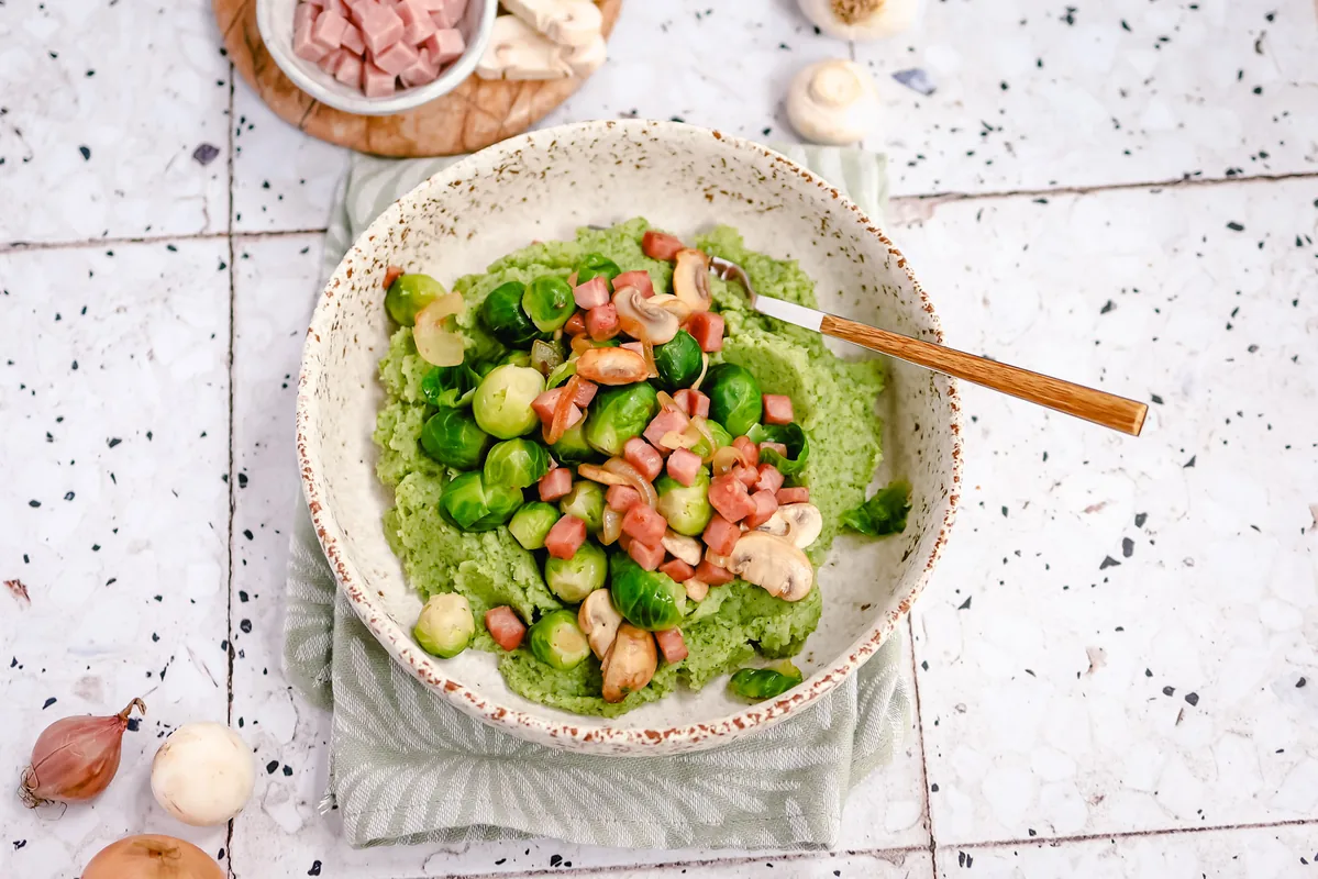 Broccoli Mash with Brussels Sprouts, Mushrooms & Ham Bits
