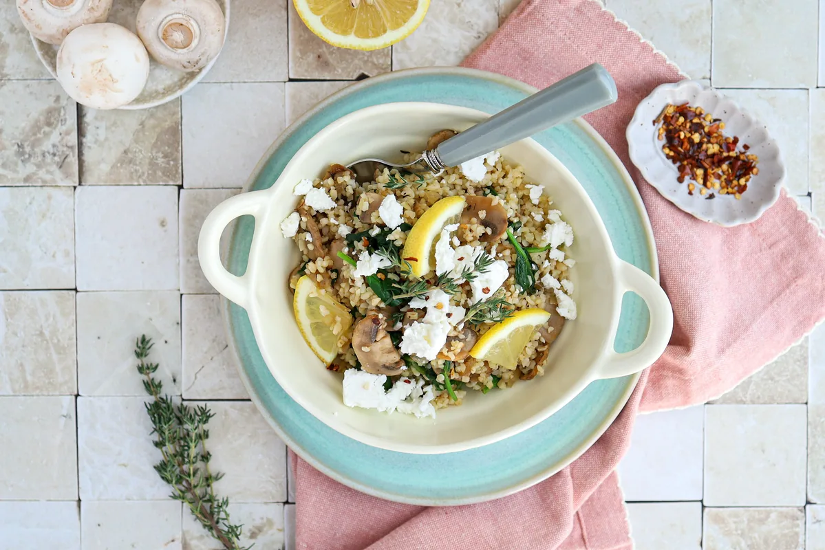 Bulgur with Mushrooms, Spinach & Feta