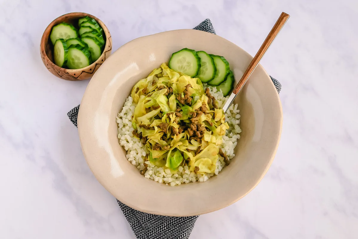 Cauliflower Rice with Creamy Ground Beef & Cabbage Dish