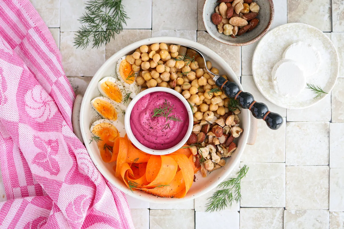 Chickpea Bowl with Beet & Goat Cheese Puree