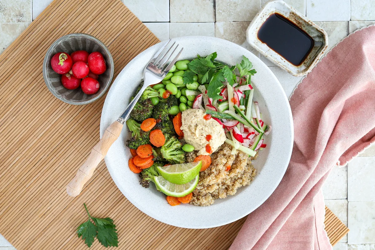 Coconut Quinoa Bowl with Roasted Broccoli & Hummus