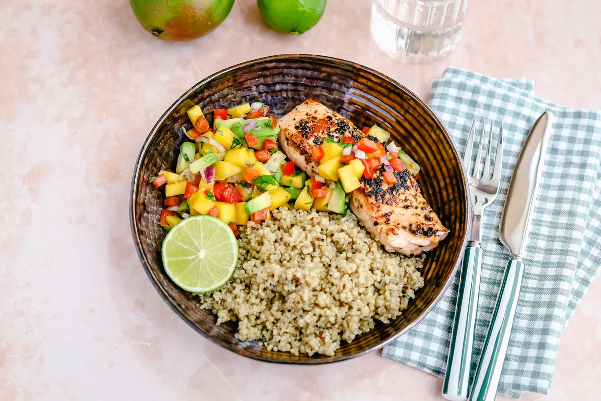 Coconut Quinoa with Salmon & Mango-Avocado Salsa