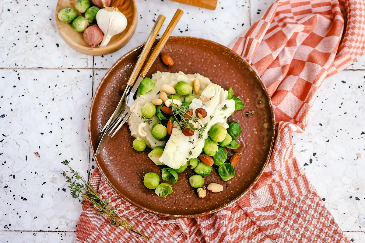 Cod with Cauliflower Mash, Brussels Sprouts & Nut Topping