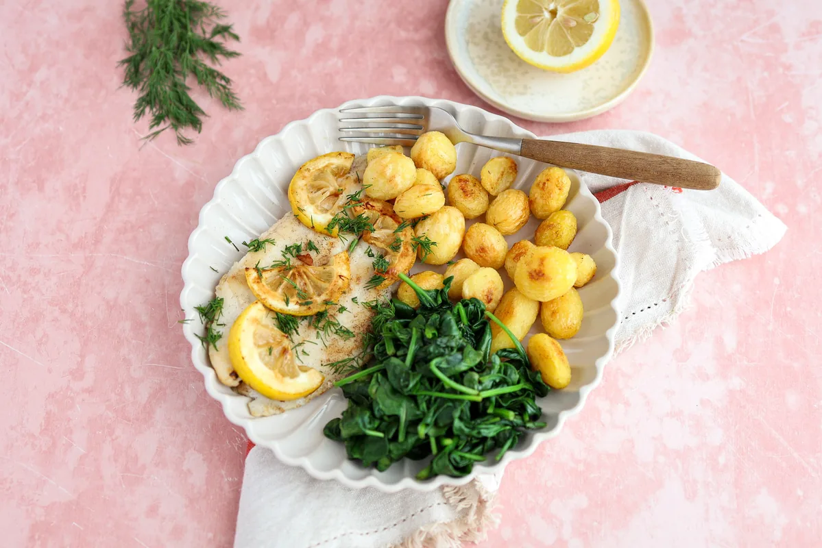 Cod with Spinach & Oven-Roasted Baby Potatoes