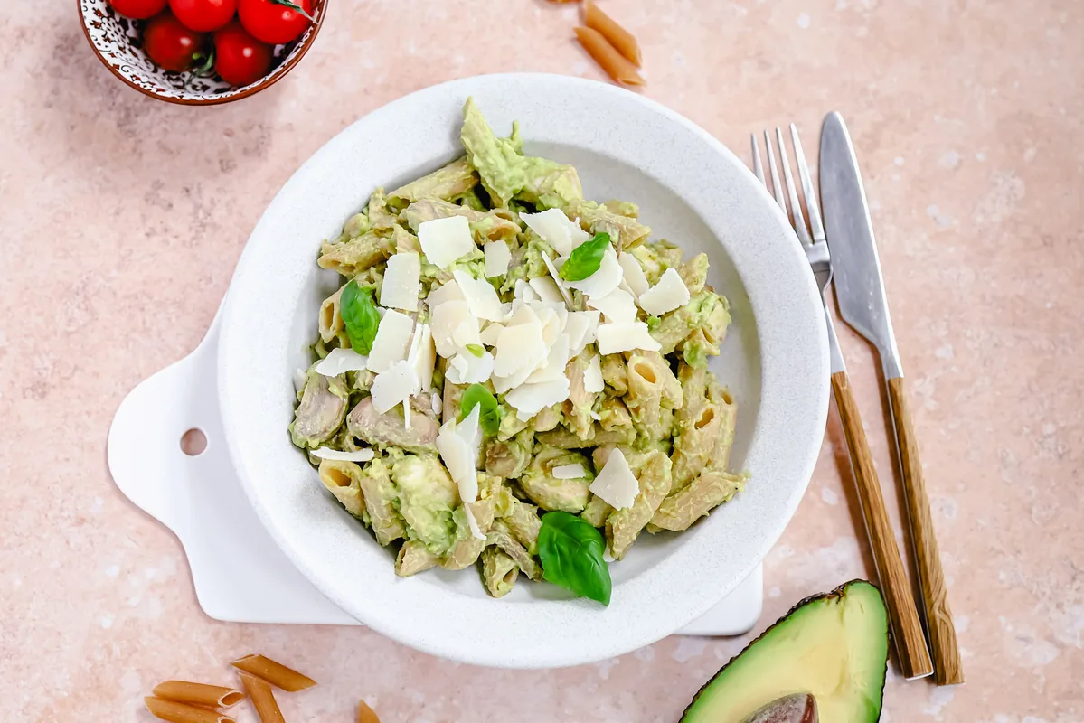 Creamy Avocado-Pesto Penne with Chicken & Mushrooms