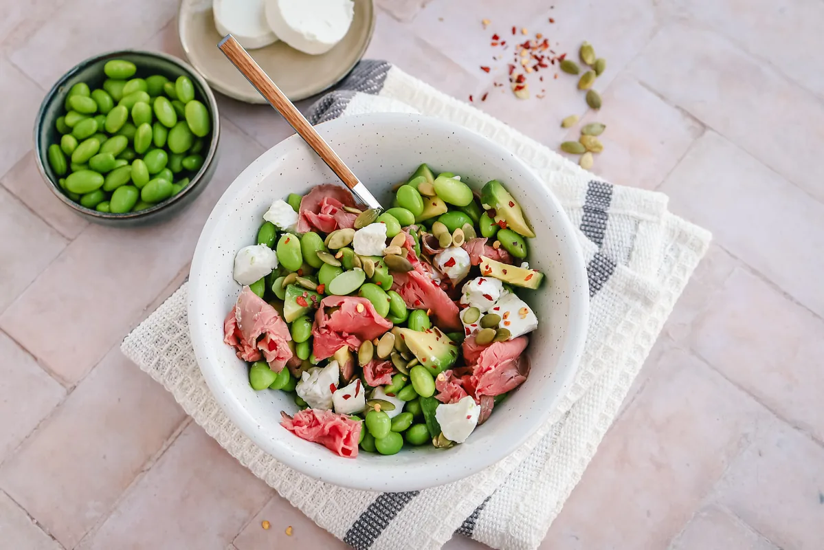 Edamame Salad with Feta & Roast Beef