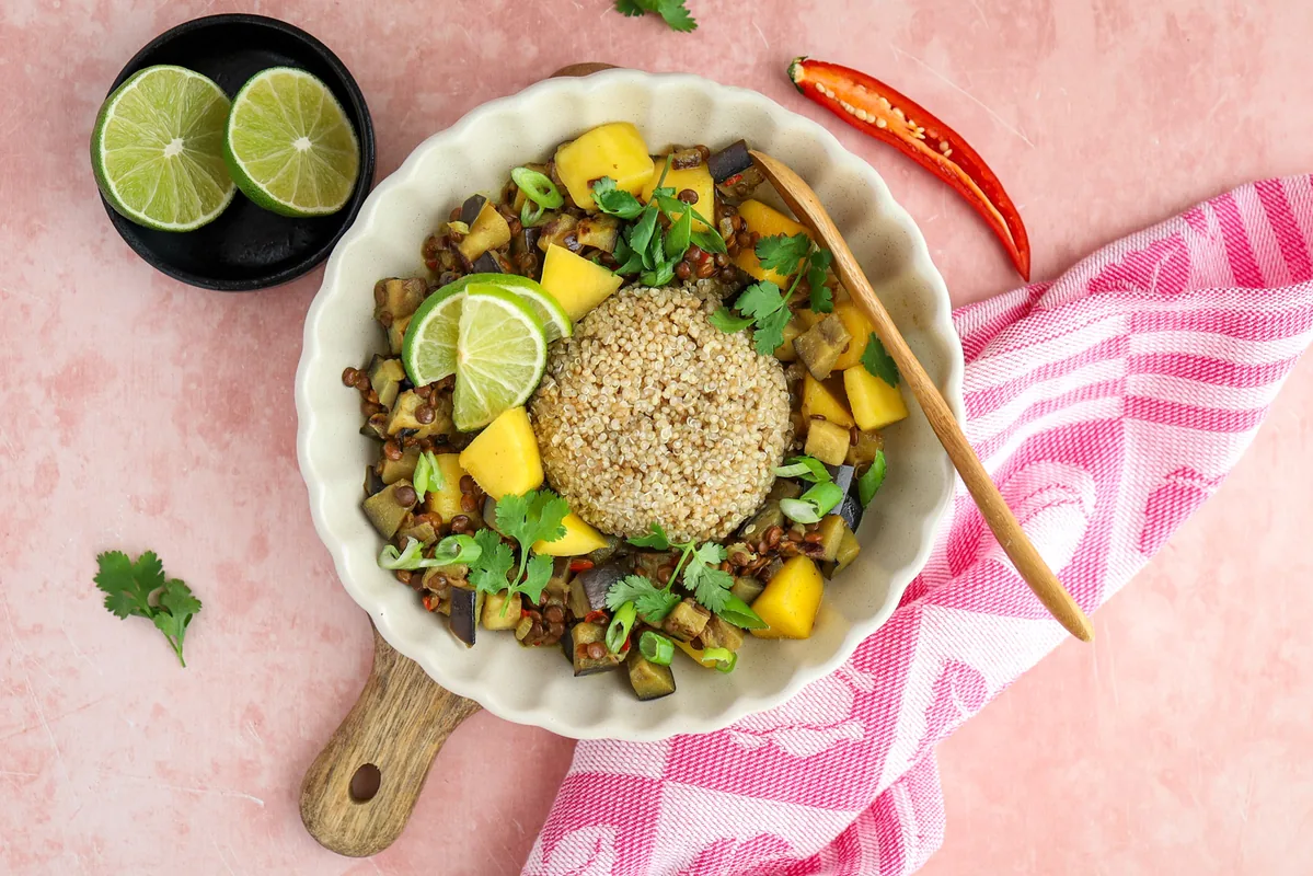 Eggplant-Mango Curry with Lentils & Quinoa