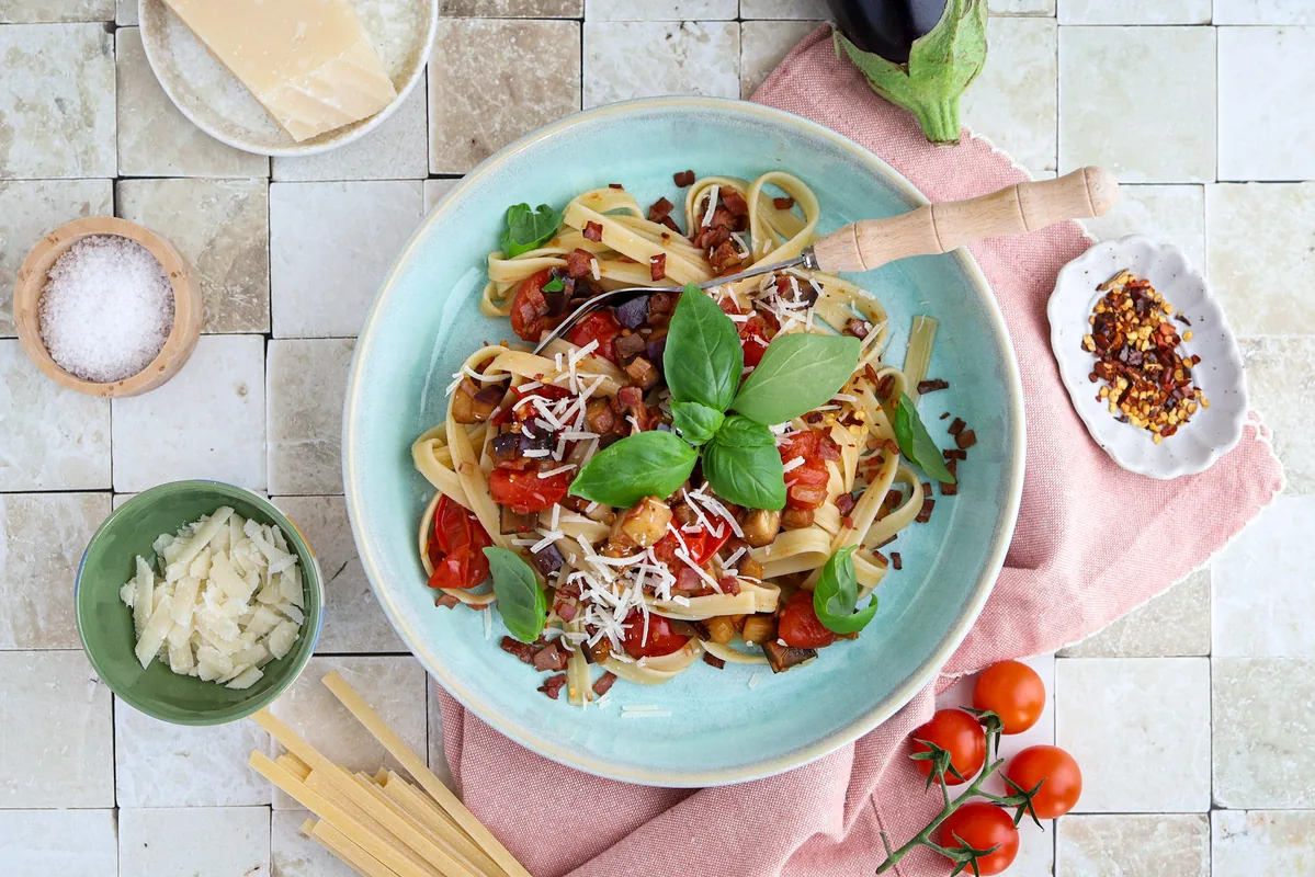 Fettuccine with Bacon, Eggplant & Balsamic Sauce