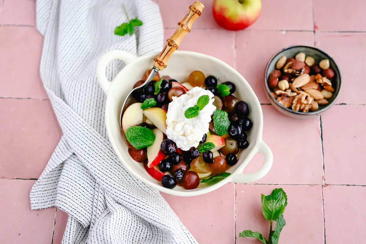 Fruit Salad with Cottage Cheese, Honey & Nuts