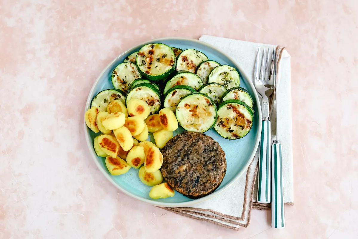 Gnocchi with Grilled Zucchini & Plant-Based Burger