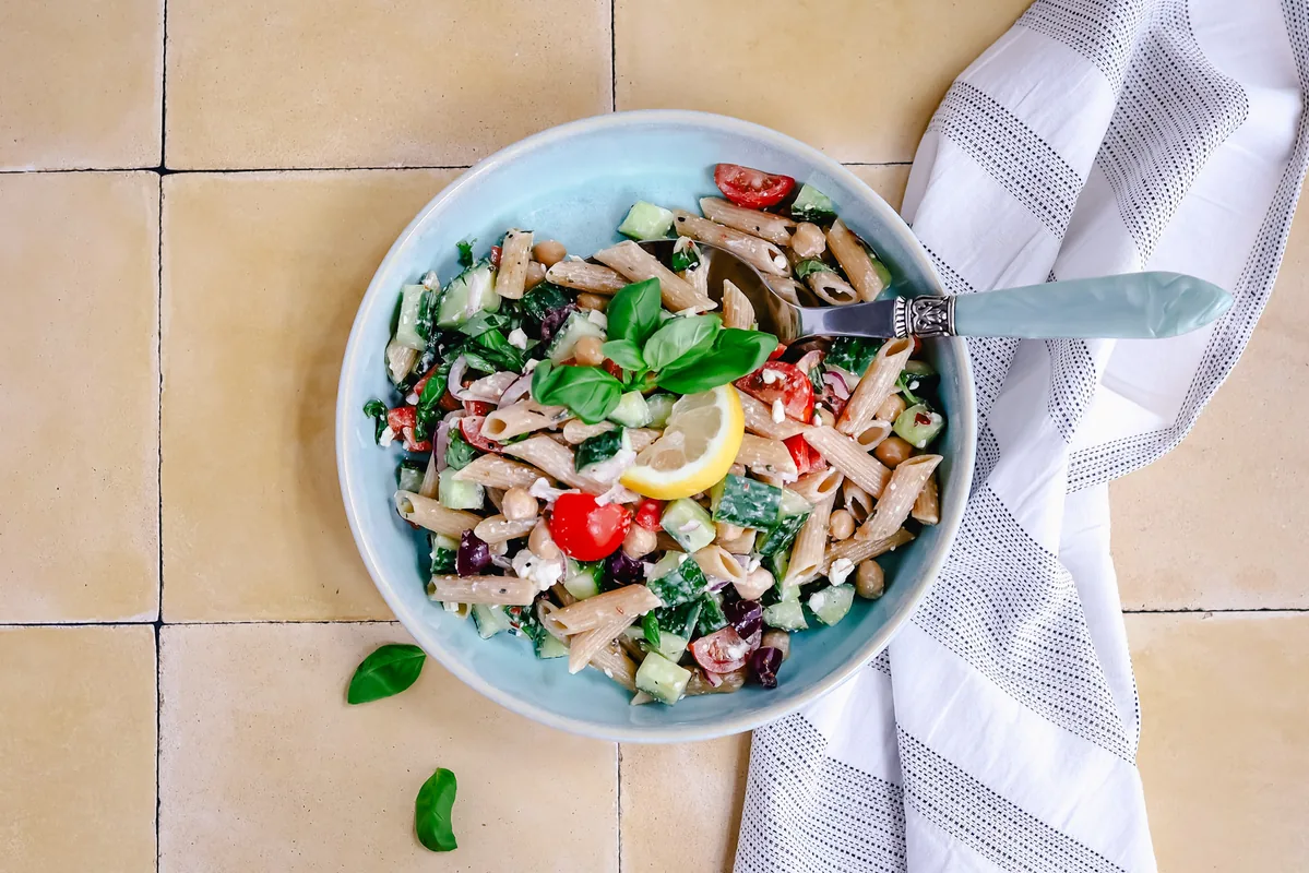 Greek Pasta Salad with Chickpeas & Feta