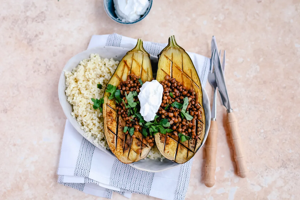 Grilled eggplant with spicy lentils & cottage cheese