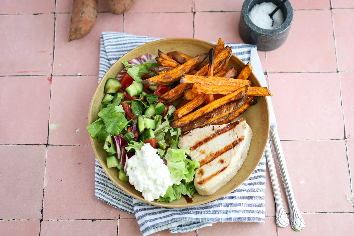 Grilled Tuna Steak with Sweet Potato Fries & Salad