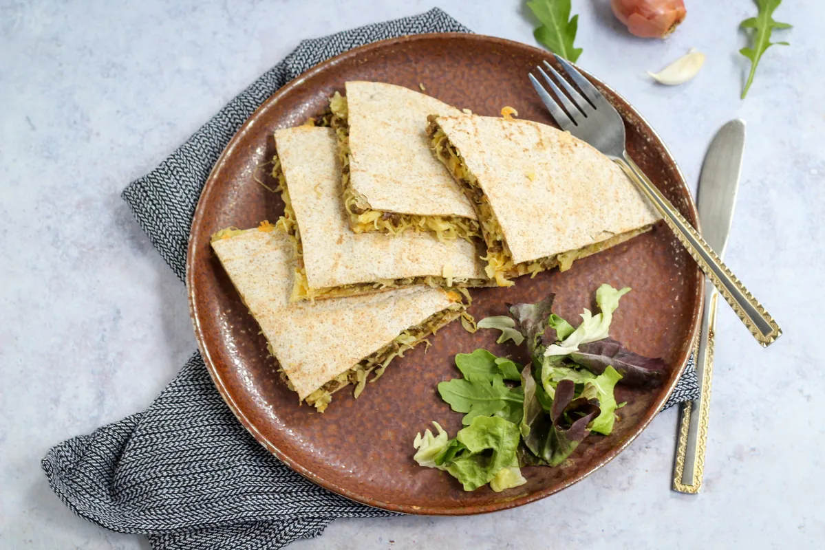 Ground beef & sauerkraut quesadilla
