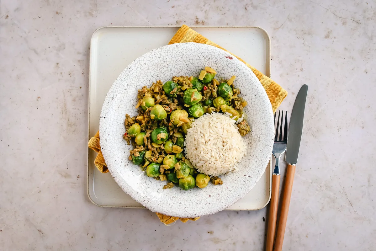 Ground Beef & Brussels Sprouts Rice Stir-Fry