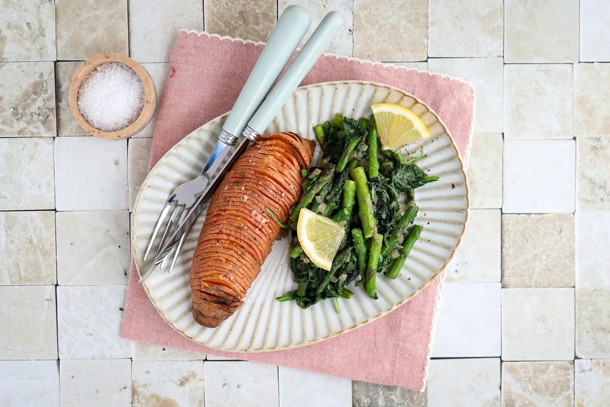 Hasselback Sweet Potato with Asparagus & Spinach