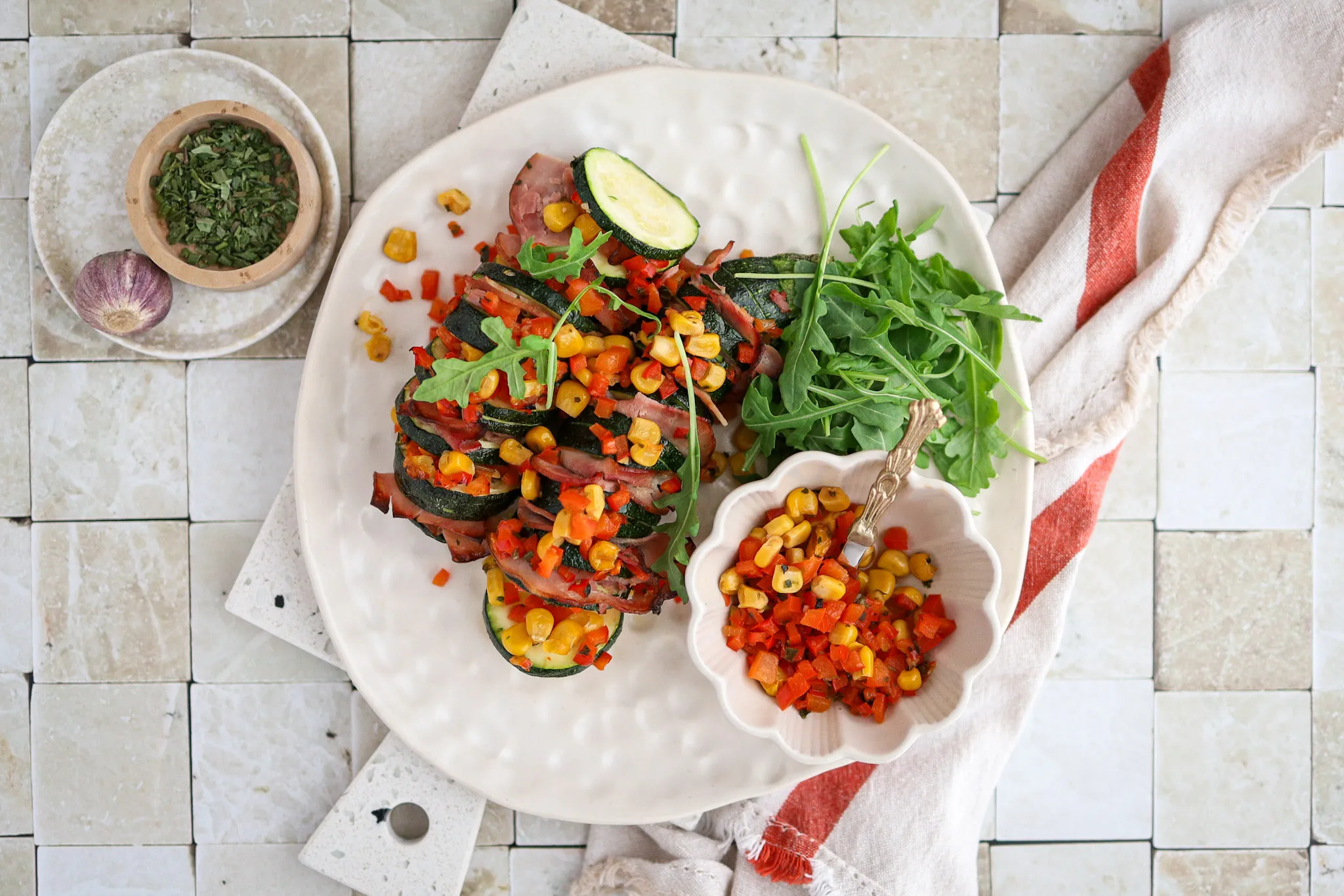 Hasselback Zucchini with Corn & Bacon