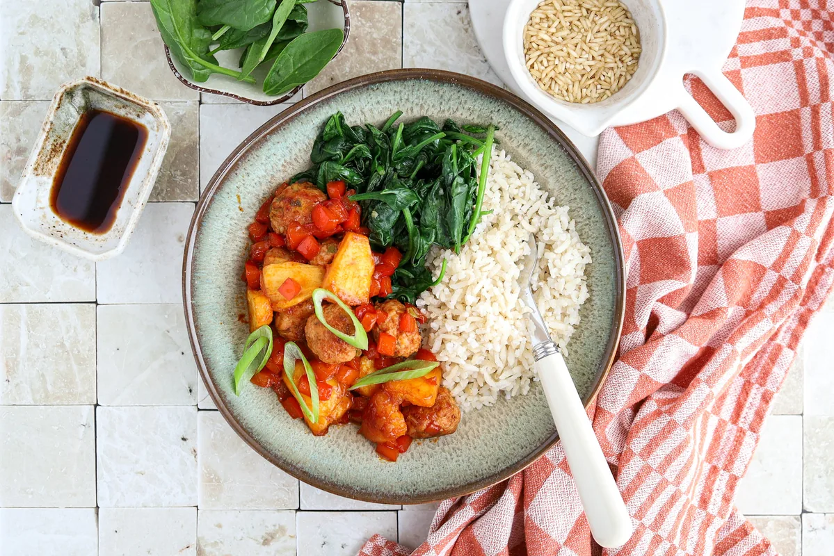 Hawaiian Meatballs with Garlic Spinach & Rice