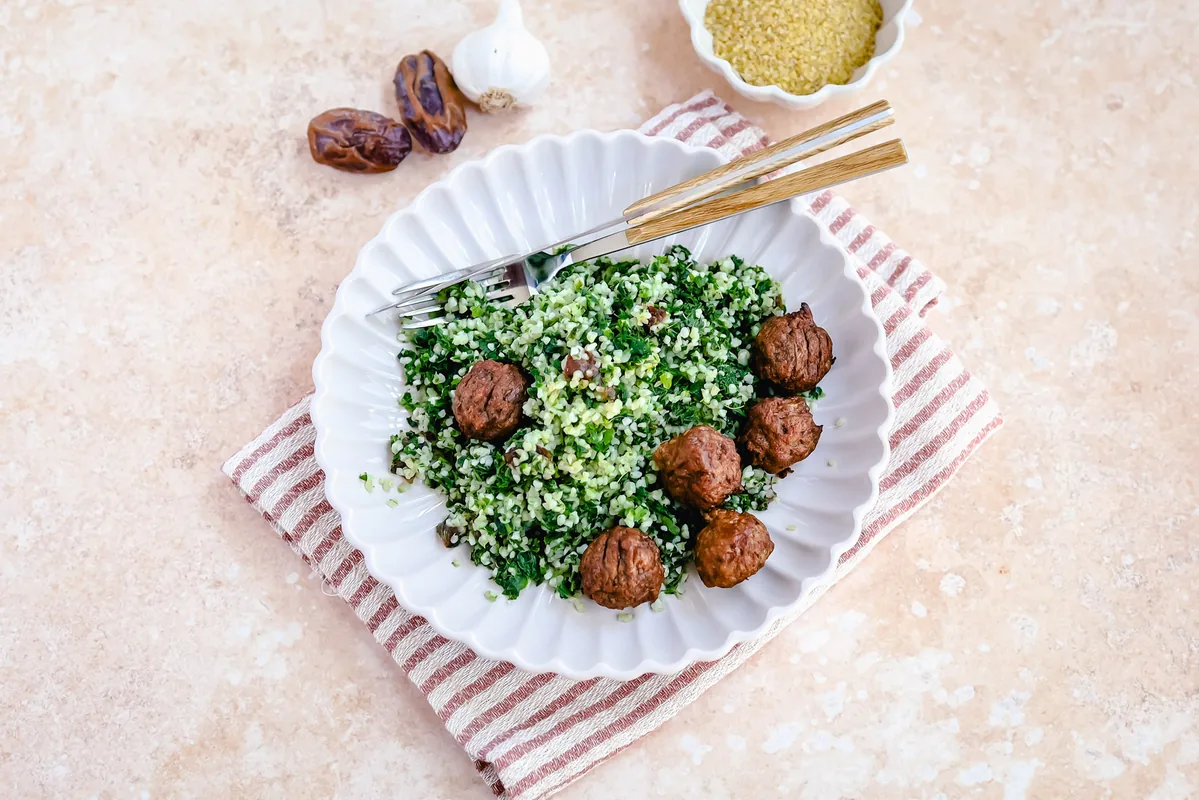 Kale Bulgur with Plant-Based Meatballs