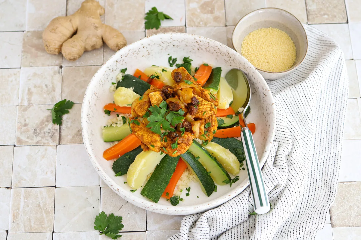 Moroccan Couscous with Vegetables, Chicken & Raisins