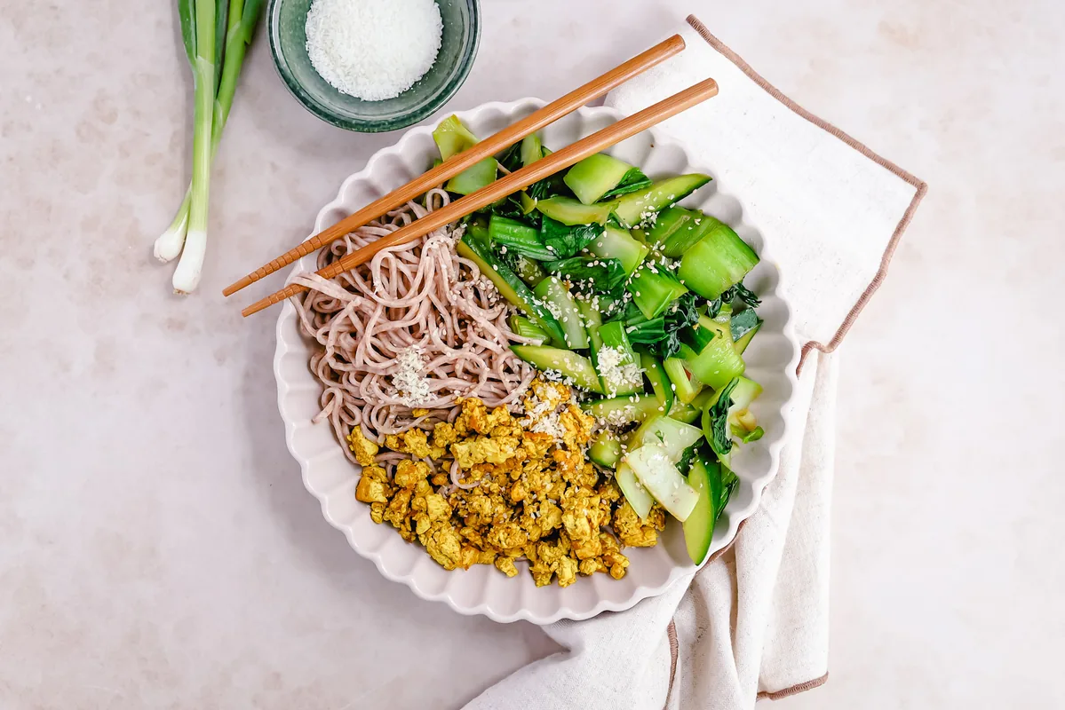 Noodles with Bok Choy-Cucumber Stir-Fry & Tofu Crumble