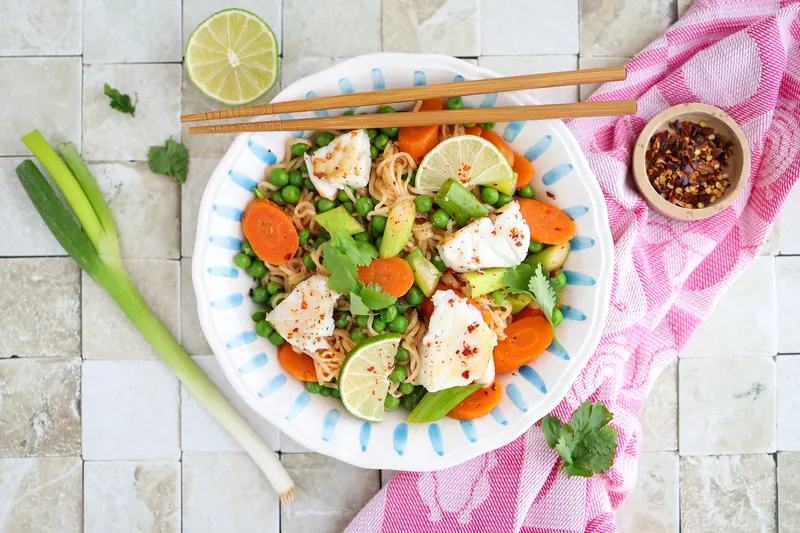Noodles with Cod, Carrot & Garden Peas