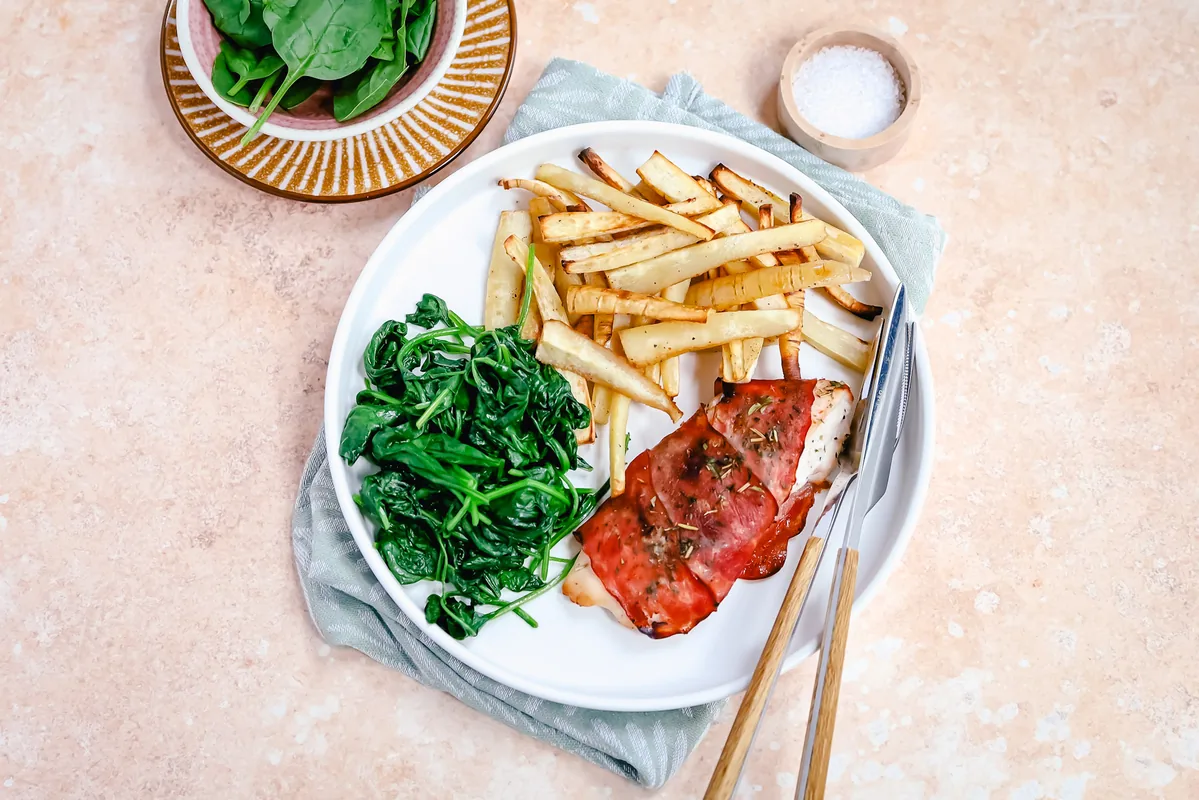 Parsnip with Bacon-Wrapped Chicken & Spinach