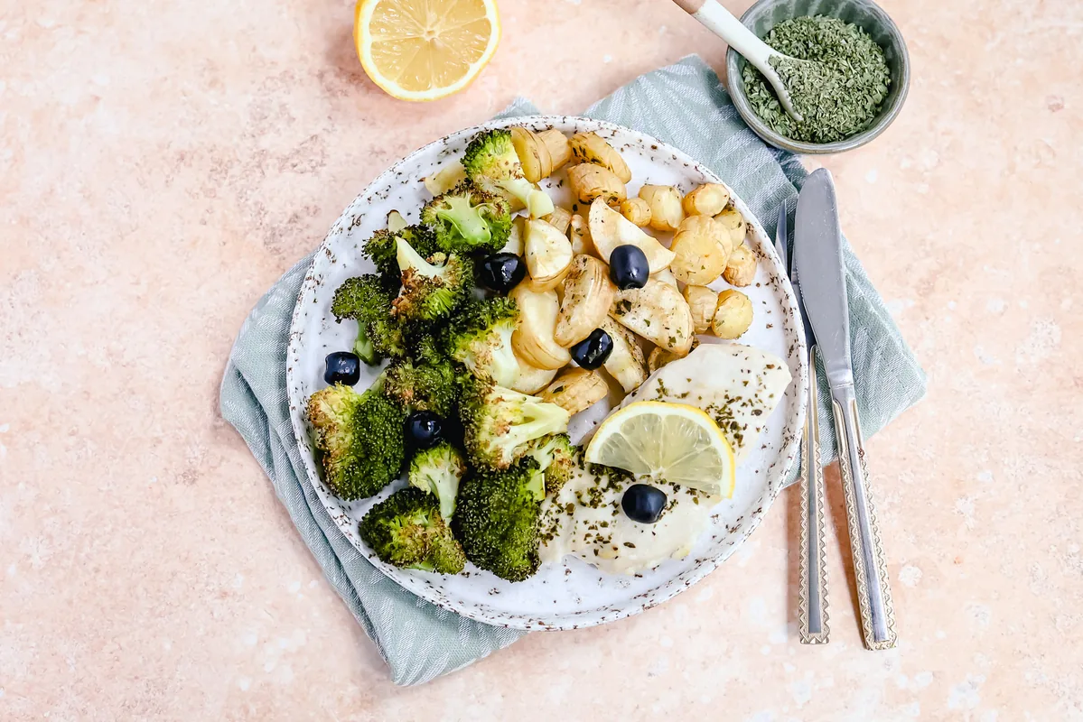 Parsnip with Broccoli, Olives & Lemon Chicken from the Oven