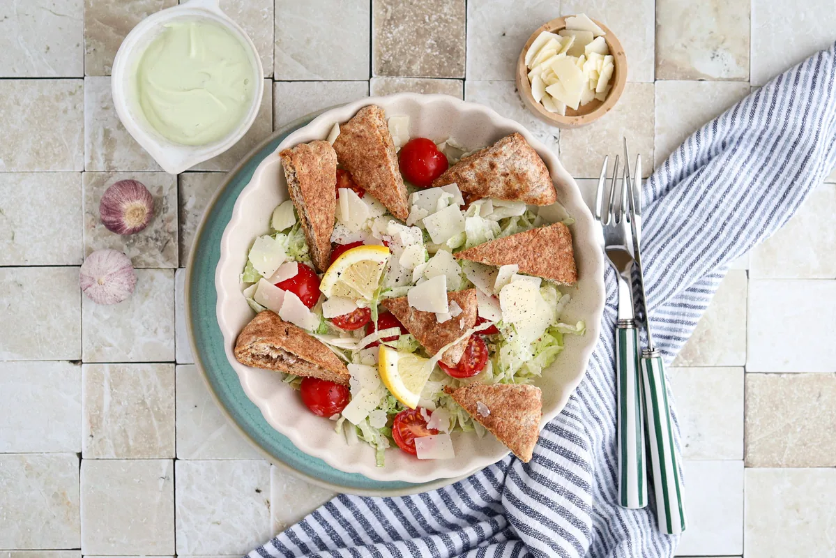Pita Caesar Salad with Avocado Dressing