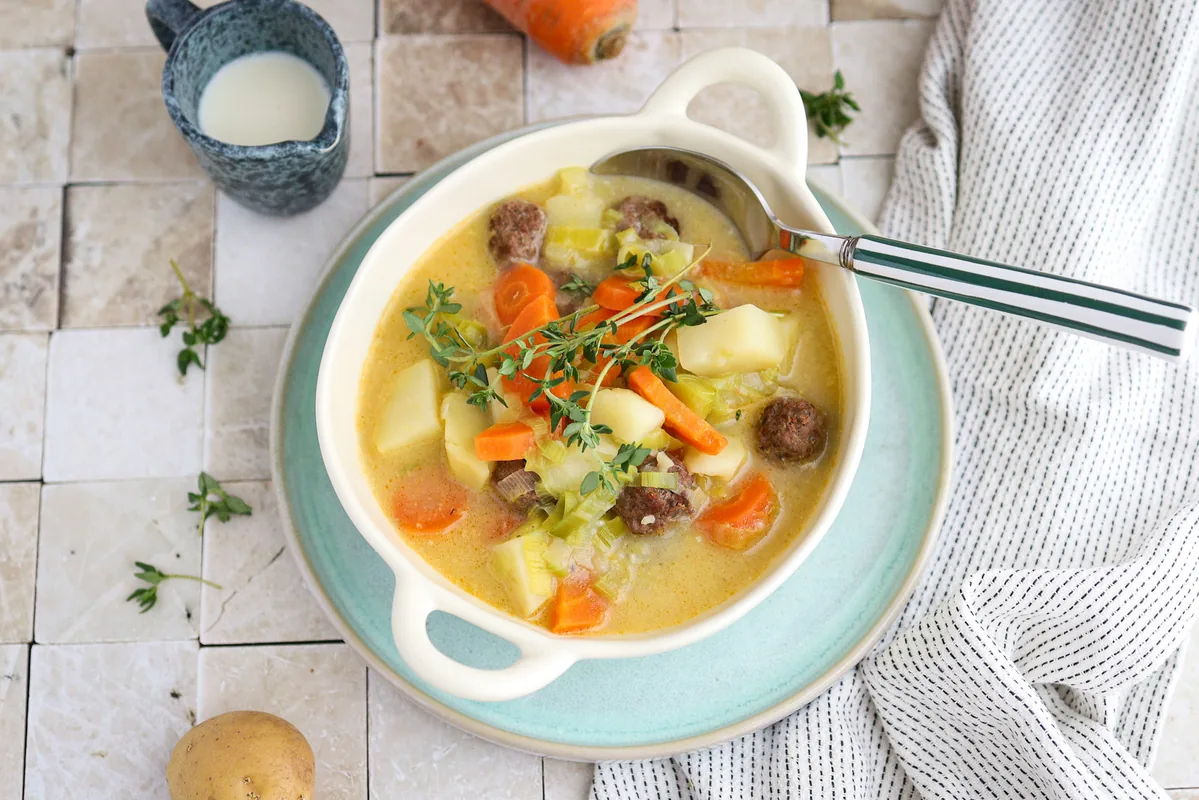 Potato Soup with Leek, Carrot & Meatballs
