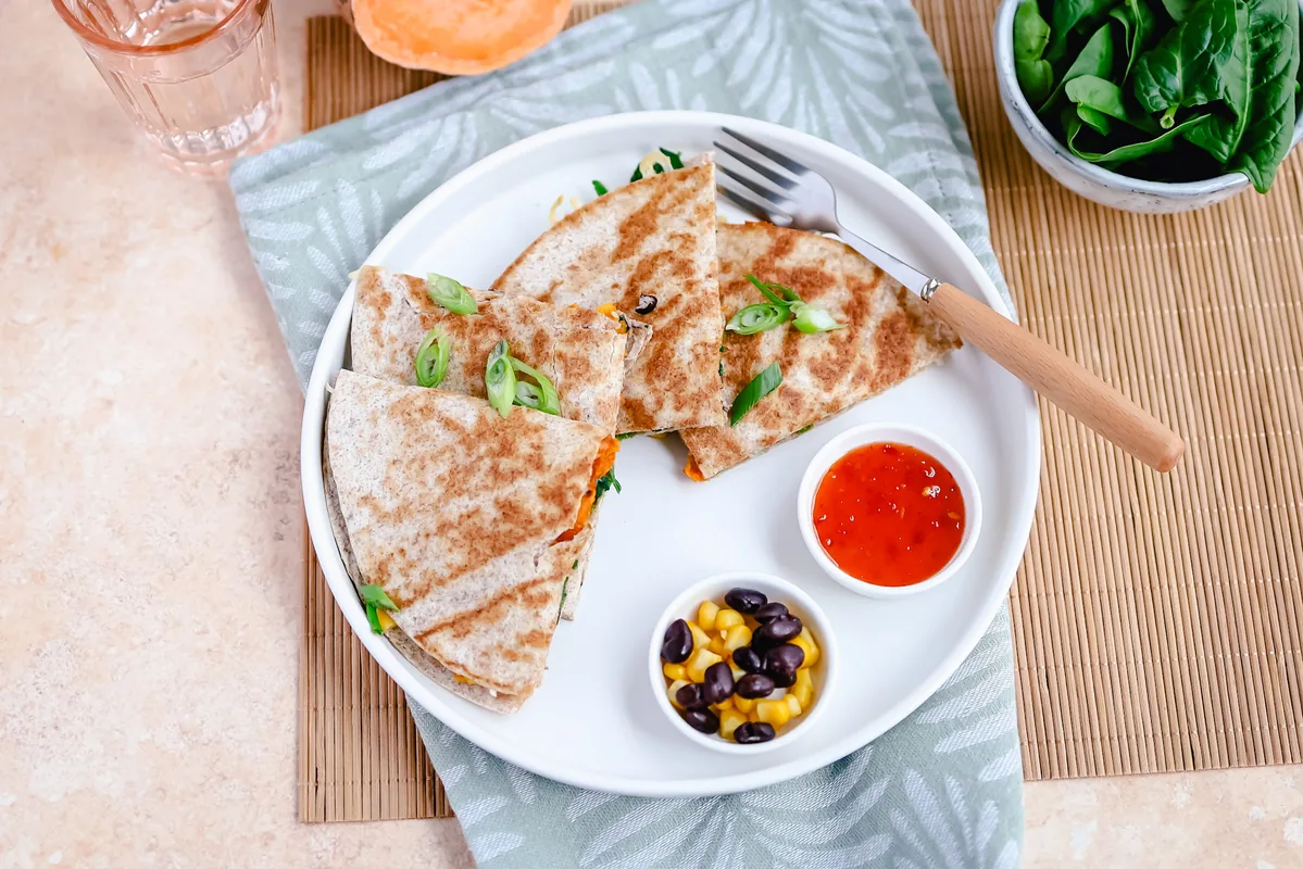 Quesadilla with Sweet Potato, Spinach, Corn & Black Beans