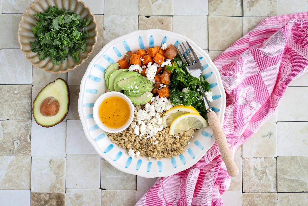 Quinoa Bowl with Kale, Sweet Potato, Avocado & Feta