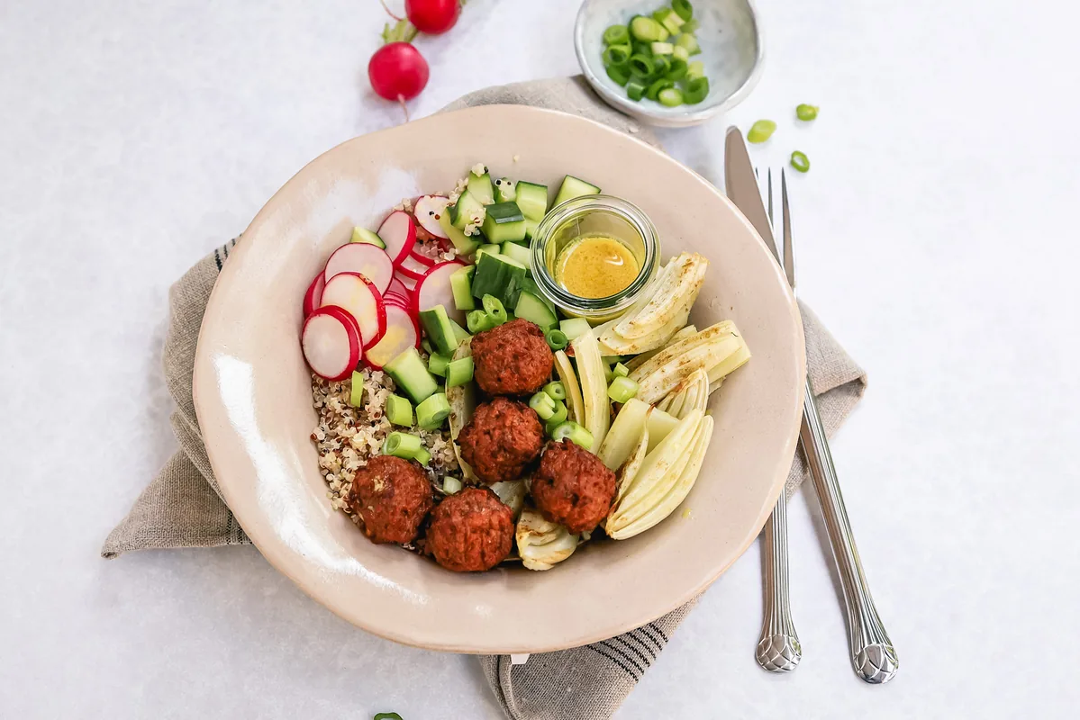 Quinoa Salad with Roasted Fennel & Plant-Based Meatballs