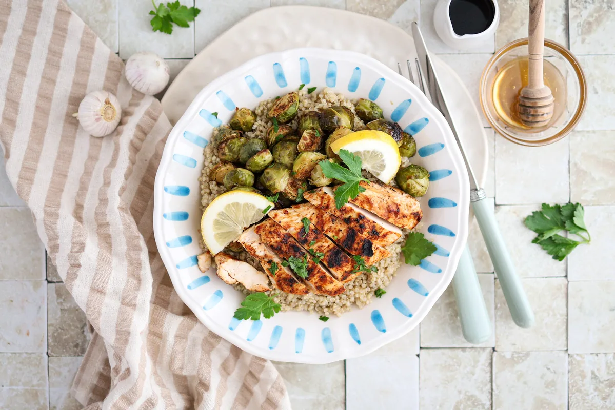 Quinoa with Chicken & Roasted Balsamic Sprouts