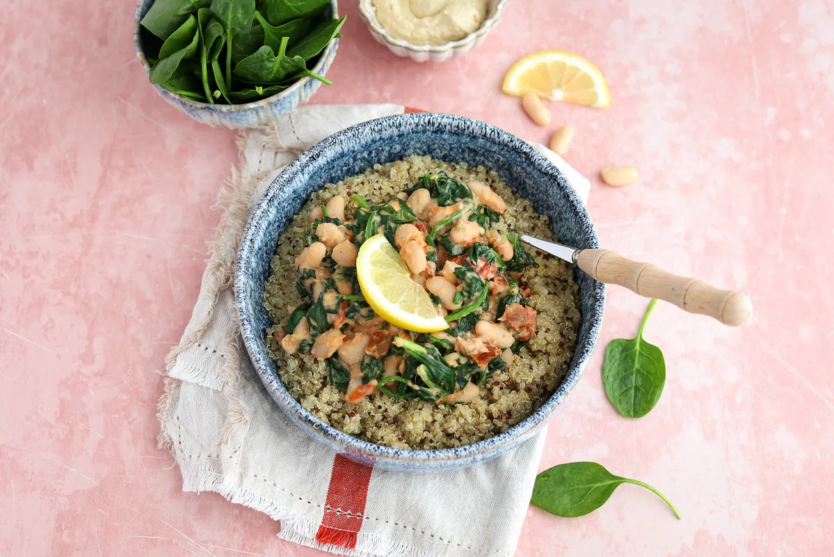 Quinoa with Creamy Cannellini Beans & Sun-Dried Tomatoes